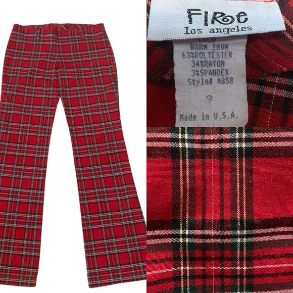 Vtg Fire Los Angeles Plaid Pants 9 Red Tartan with Glitter Finish Punk Y2K Club - Picture 1 of 8